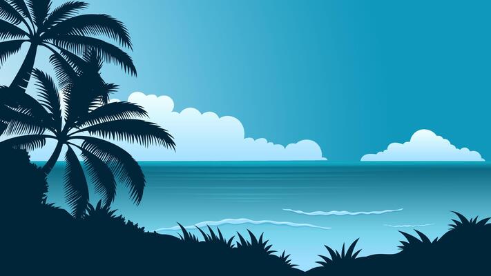 Blue beach landscape background, illustration of lagoon scenery with clear sky and water, summer panoramic banner with copy space