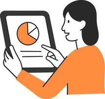 Marketing report review. Woman analyzing pie chart on tablet for data-driven decision making. vector