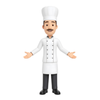 Smiling cartoon male chef in uniform character and hand gestures for business presentation 3D Icon png