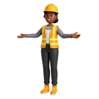 Cartoon dark skin Female character engineering Construction worker and hand gestures, wear orange reflective clothing for the safety of the work operation 3D Icon, png