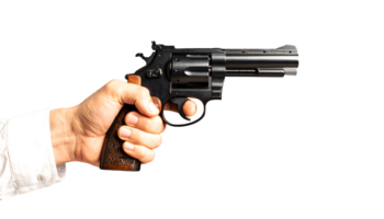 Black revolver repeating handgun in man's hand, High quality png