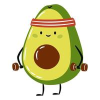 Cute avocado face avocado doing fitness with dumbbells. Flat illustration in simple child style vector