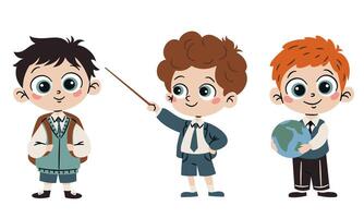 A set of flat illustrations in a simple children's style. Cute school boys with textbooks and pointing pointer on white background vector