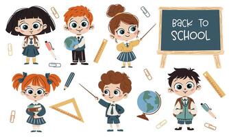 Set of flat illustrations on school theme in simple style. Cute boys and girls in school uniform with books, backpack and globe. Paper clips, rulers, pens, and a back-to-school chalkboard vector