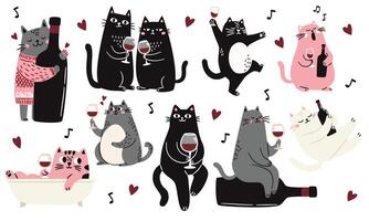 Cute Scandinavian style cats with a glass and a bottle of wine, singing and taking a bath. Flat illustrations on white background vector