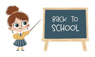 Flat illustration in a simple childish style. Cute girl in school uniform holding a pointer next to a blackboard, captioned back to school vector