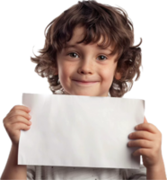 Smiling boy holding blank paper with curious expression on face png