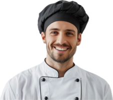Smiling chef in uniform with hat showcasing culinary passion and joy png