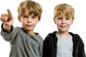Two Smiling Boys Pointing and Posing Together with Joyful Expressions png