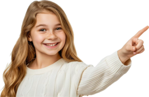 Happy young girl smiling and pointing with a cheerful expression png
