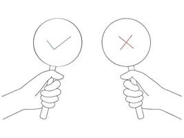 Hands holding yes and no signs representing correct and incorrect choices vector