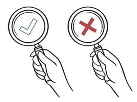 Magnifying glass with check and cross symbols representing approval and rejection vector