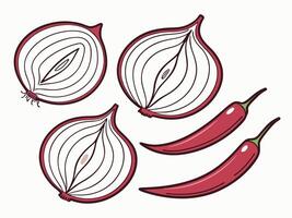 Hand drawn illustration of red onions cut in half with vibrant red chili peppers on white vector