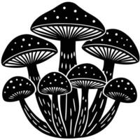 Black and white illustrated collection of multiple stylized mushrooms against a white background vector
