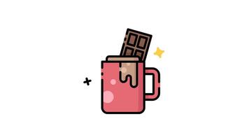 Red mug of hot chocolate with a chocolate bar on top icon animation digital video