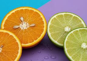 Bright Background Featuring Juicy Citrus Halves of Orange and Lemon photo