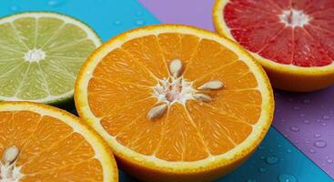 Zesty Lemon and Orange Fruit Slices with Seeds on a Bright, Bold Backdrop photo