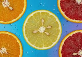 Sliced Citrus Fruit Showing Seeds and Juice Against a Colorful Setting photo