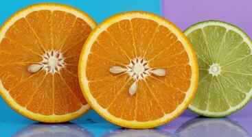 Lemon and Orange Slices with Juicy Droplets on a Bright, Vivid Background photo