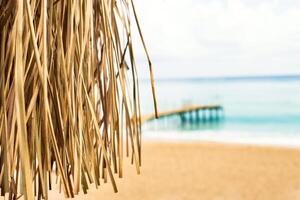 Thatched roof with tropical beach with sand and wooden pier on the sea shore in background. photo