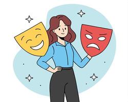 Woman holding comedy and tragedy masks expressing different emotions and feelings in a flat style vector