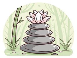 Relaxing illustration of stacked zen stones with a lotus flower and bamboo for well-being vector