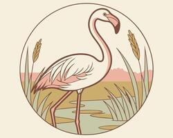 Elegant illustration of a flamingo in a wetland environment within a circular frame design vector