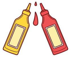 Illustration of mustard and ketchup bottles with drips in a simple flat cartoon style vector