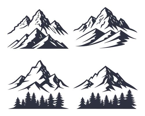 Set of mountain range silhouette designs for outdoors travel adventure and camping theme designs