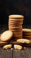 Delicious Stack of Golden Crackers on Rustic Wooden Tabletop photo