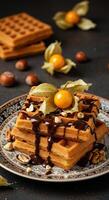 Delicious Belgian Waffles drizzled with chocolate, topped with hazelnuts and physalis. A sweet treat for breakfast or dessert. photo