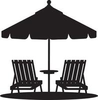 Silhouette of two adirondack chairs under a beach umbrella with small table. vector