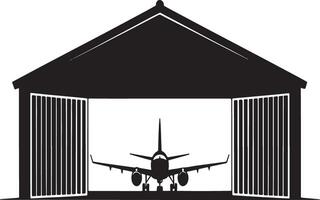 Airplane in hangar silhouette black and white illustration. vector