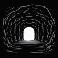 Dark cave tunnel with stone columns and light at the end. vector