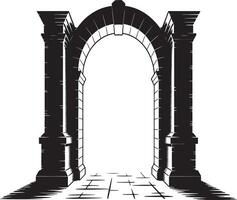 Black and white illustration of an archway with stone pillars and cobblestone path. vector