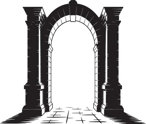 Black and white illustration of an archway with stone pillars and cobblestone path.