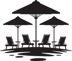 Beach relaxation scene with three umbrellas and four lounge chairs. vector