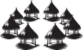 Seven thatched huts in a circular pattern. vector