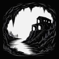 Mysterious cave view of ancient stone building by river. vector