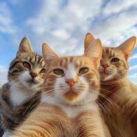 Happy cats take a close-up selfie against a clear blue sky on a bright sunny day photo