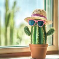 Cactus in a pot wearing a straw hat and sunglasses relaxes by the window on a sunny day photo