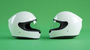 A clean white mock-up of a motorcycle helmet on both sides, presented on a bright green background, demonstrates its elegant design and transparent visor. photo