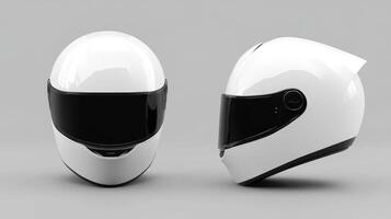 Pure white mock-up motorcycle helmet, front and side view, showcasing modern design and safety features for riders in urban environments photo