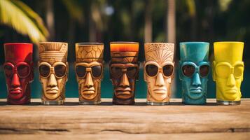 Colorful tropical wooden glasses arranged on a wooden table by a pool amidst lush palm trees under bright sunlight photo