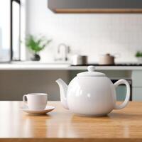 Morning tea ritual with a pristine teapot and cup in a modern kitchen filled with natural light. a mock-up of a teapot and mug on a blurred background with a cozy, bright kitchen photo