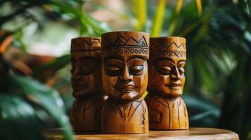 Tropical wooden glasses displayed among lush greenery, showcasing intricate carvings and vibrant colors in a serene environment photo