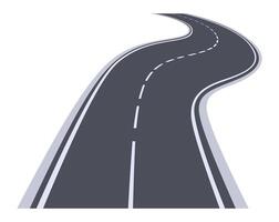 Winding asphalt road disappearing into the distance with white dashed lines extending on a white background, representing journey, travel, and transportation concepts vector