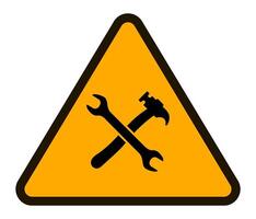 Crossed hammer and wrench silhouette on a yellow triangular warning sign indicating maintenance, building site, repair, or work in progress vector