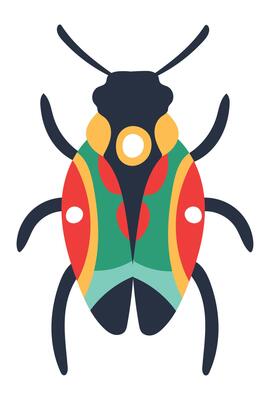 Colorful beetle standing with its wings closed showing vibrant colors, yellow, red, green and blue, with a white background, perfect for children's illustrations or nature related projects