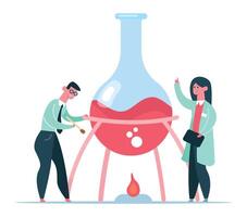 Laboratory technicians conducting a chemical experiment, heating a large flask with a Bunsen burner, mixing various chemicals, and taking detailed notes on a tablet vector